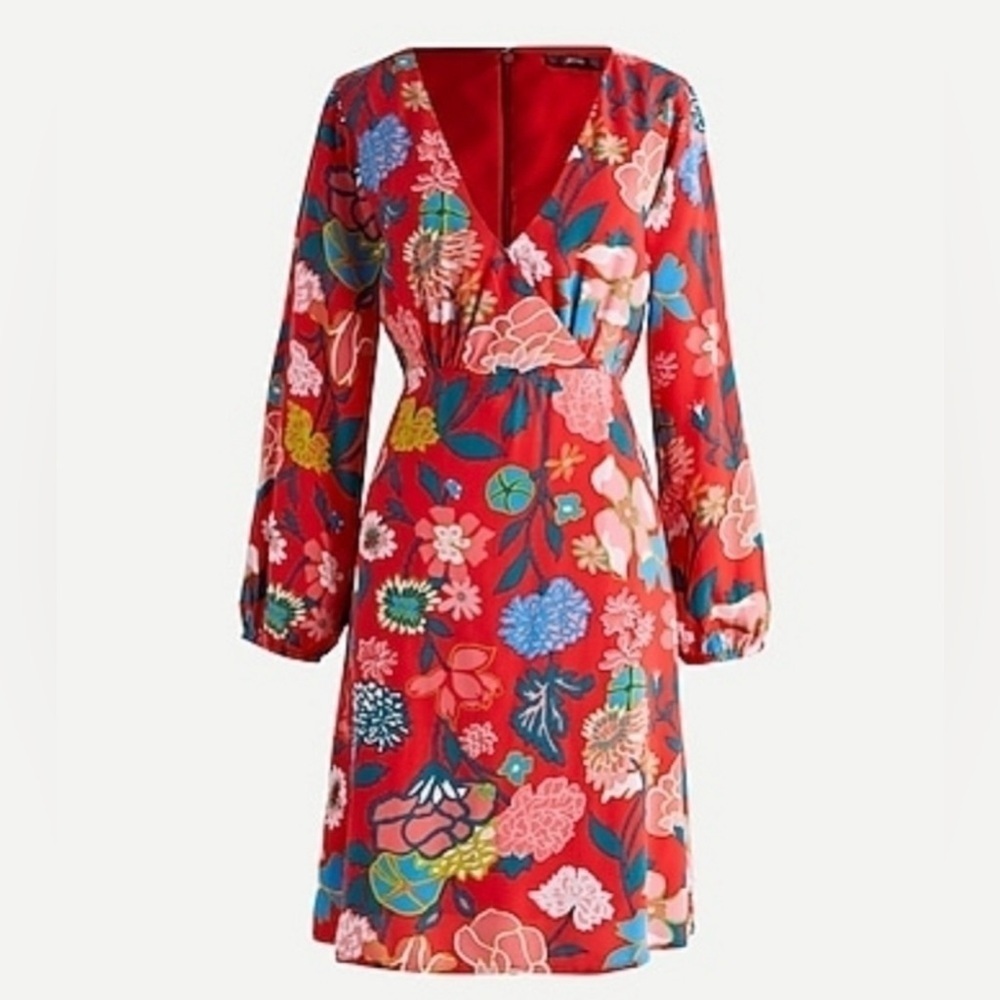 NWT J. Crew Floral Red Dress, Short Length, Long Sleeve, V-Neck, Size 16, NEW